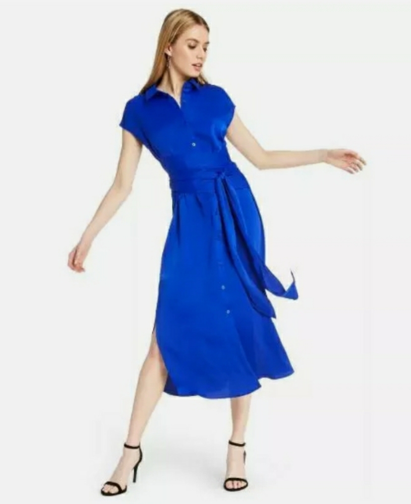 CUSHNIE ROYAL BLUE WRAP MIDI SHIRT DRESS